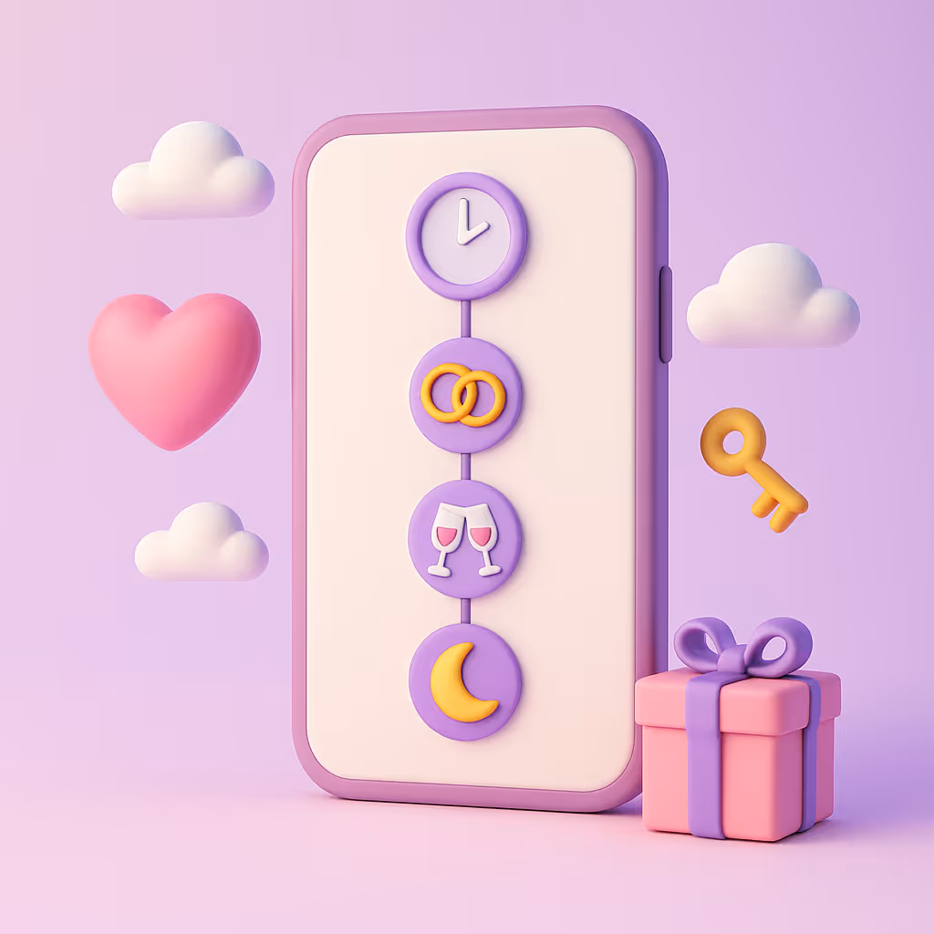 3D-illustration i pastelfarver af en smartphone med en tidslinje, der viser et ur, vielsesringe, vinglas og en måne. Rundt om svæver skyer, et hjerte, en nøgle og en gaveæske, der symboliserer styr på dagens forløb.