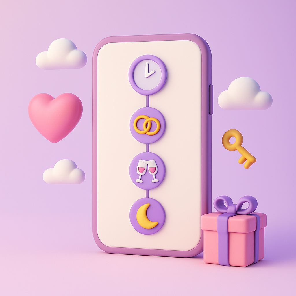 3D-illustration i pastelfarver af en smartphone med en tidslinje, der viser et ur, vielsesringe, vinglas og en måne. Rundt om svæver skyer, et hjerte, en nøgle og en gaveæske, der symboliserer styr på dagens forløb.