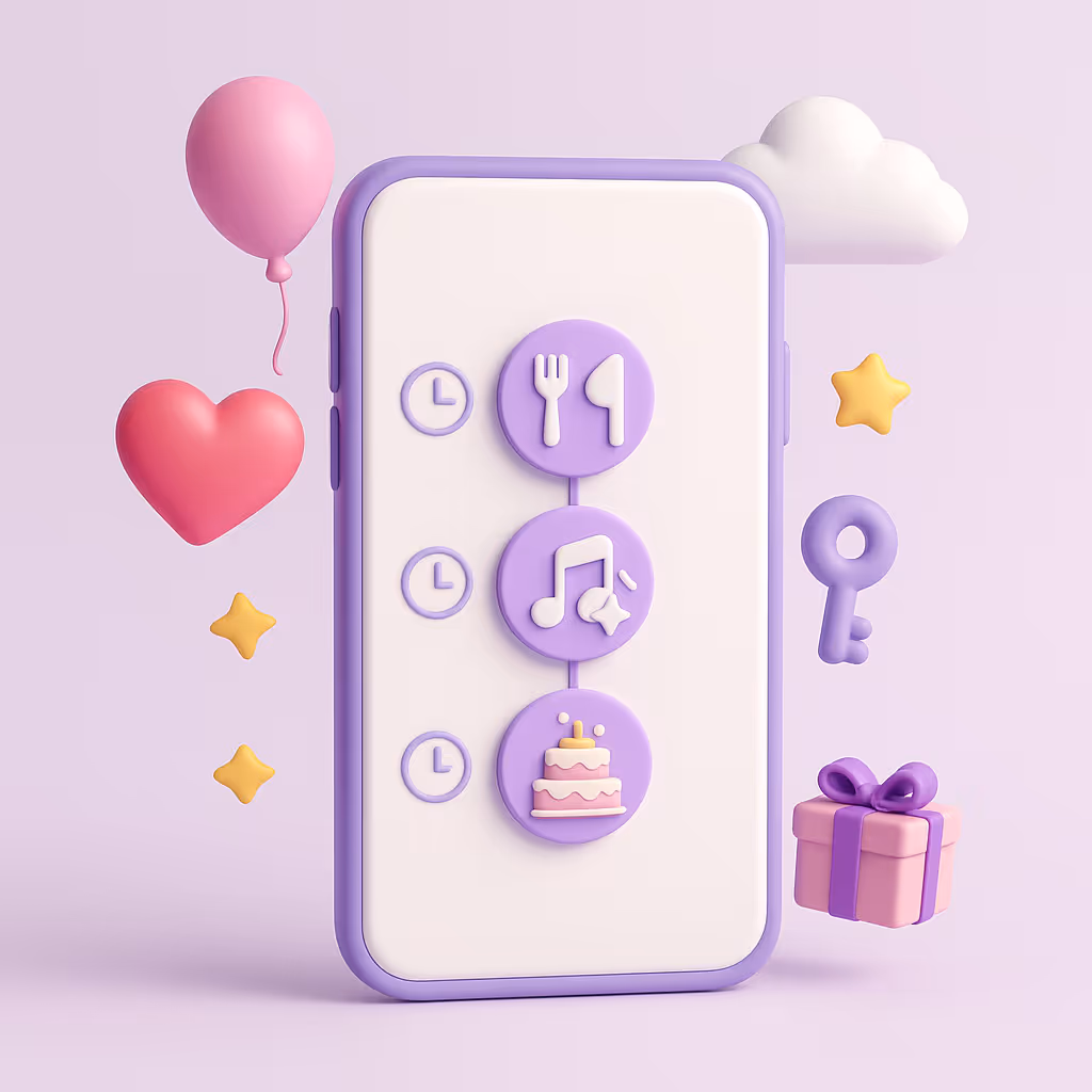 3D-illustration i pastelfarver af en smartphone med tidslinje og ikoner for middag, musik og kage. Rundt om svæver hjerter, balloner, stjerner og en gaveæske, der symboliserer gode minder uden forvirring.