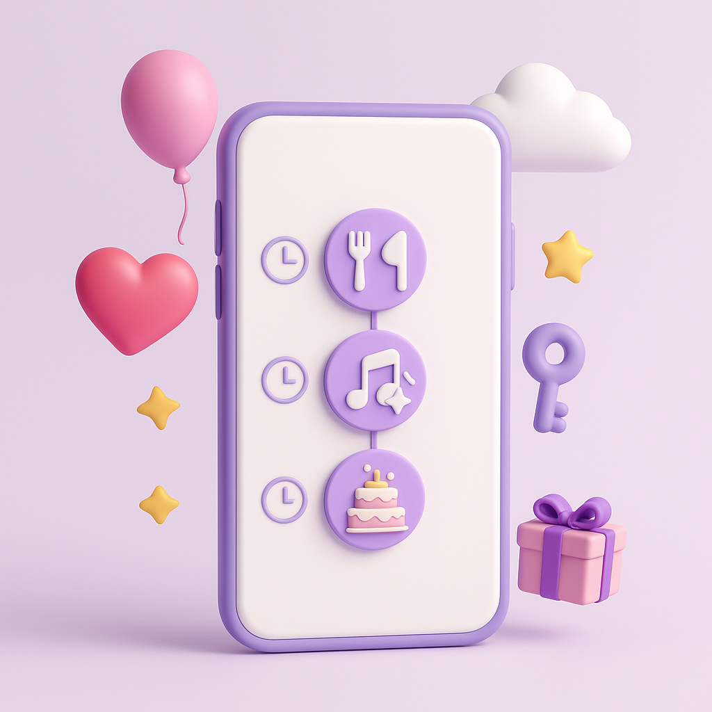 3D-illustration i pastelfarver af en smartphone med tidslinje og ikoner for middag, musik og kage. Rundt om svæver hjerter, balloner, stjerner og en gaveæske, der symboliserer gode minder uden forvirring.