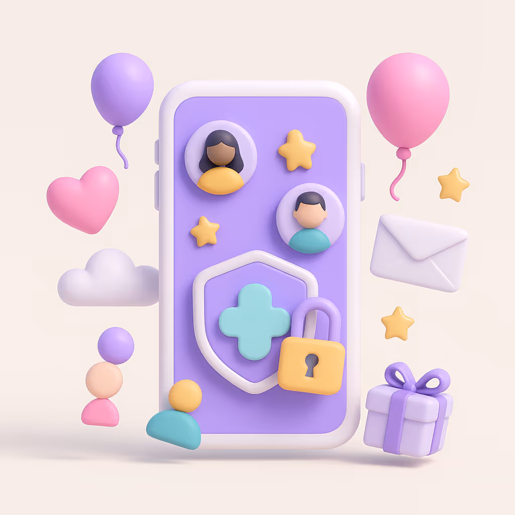 3D-illustration i pastelfarver af en smartphone omgivet af avatarer, balloner, konvolutter og gaveæsker. Illustration symboliserer hurtig og enkel gæsteinvitation via mobil.