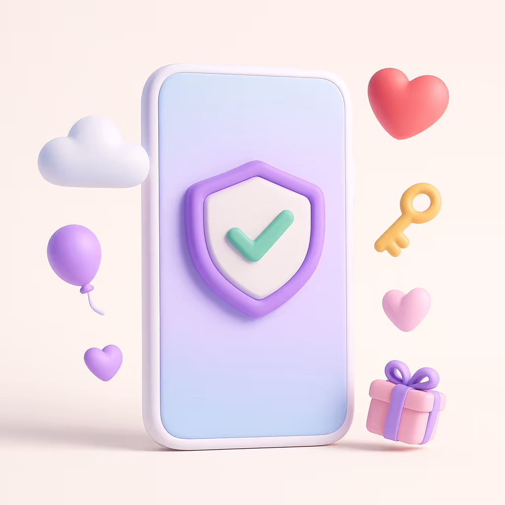 3D-illustration i pastelfarver af en smartphone med lilla skjold og grønt flueben. Rundt om svæver hjerter, skyer, en nøgle og en gaveæske, der symboliserer sikker og enkel adgang for gæsterne.