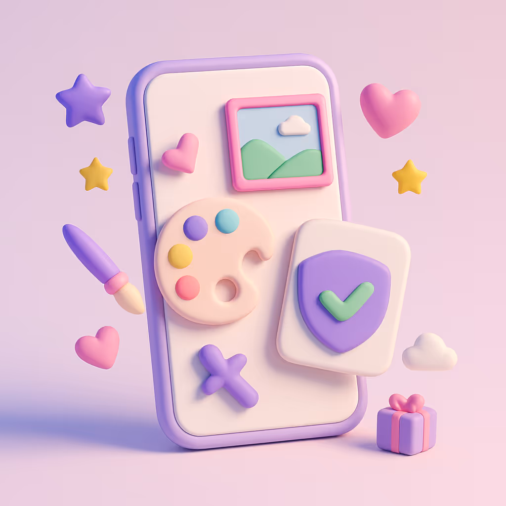 3D-illustration i pastelfarver af en smartphone med farvepalette, billedramme og pensel. Rundt om svæver hjerter, stjerner, skyer og en gaveæske, der symboliserer fri tilpasning af farver, billeder og indhold.