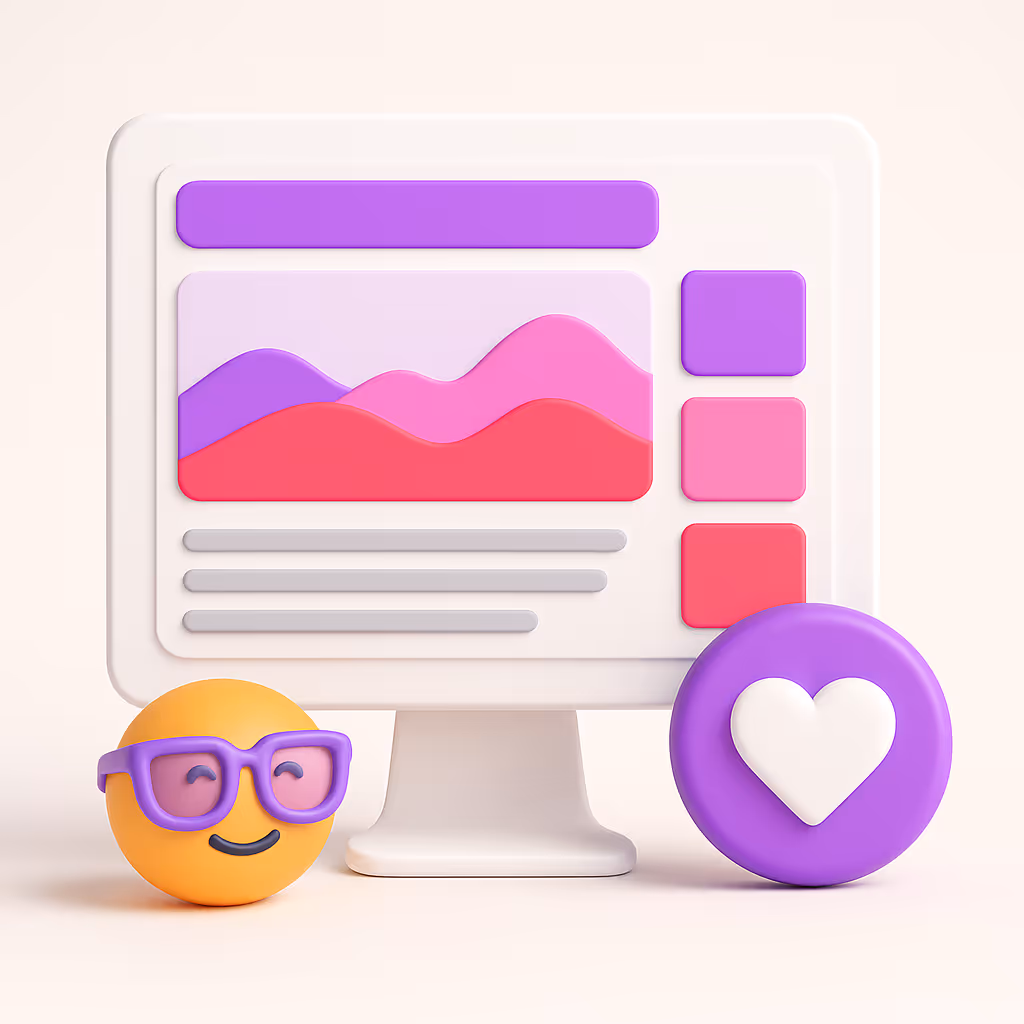 3D-illustration i pastelfarver af en computerskærm, der viser farverige designsektioner i lilla, pink og rød. Ved siden af står et smilende emoji-ansigt og et hjerteikon, som symboliserer personlig stil og tilpasning af begivenhedens hjemmeside.