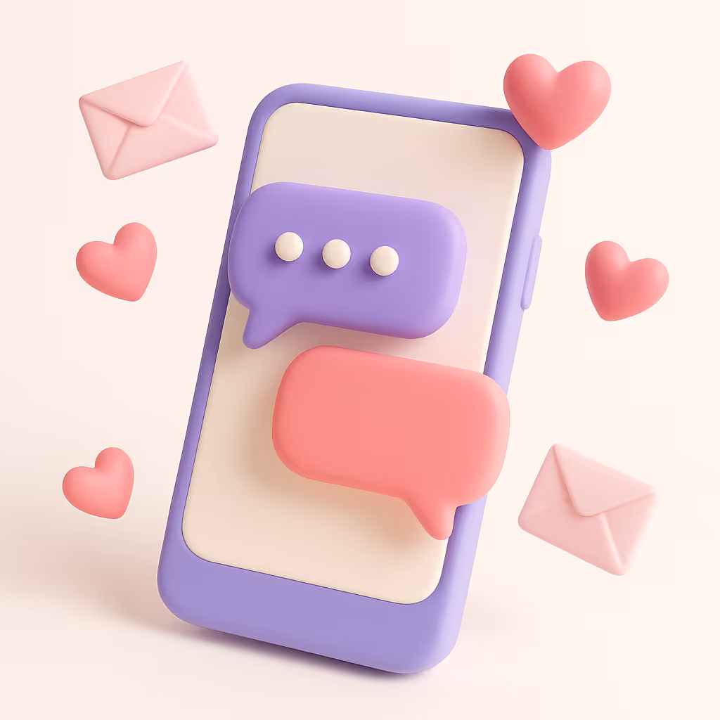3D-illustration i pastelfarver af en smartphone med lilla og pink beskedbobler. Rundt om svæver hjerter og konvolutter, der symboliserer nem kommunikation med gæster.