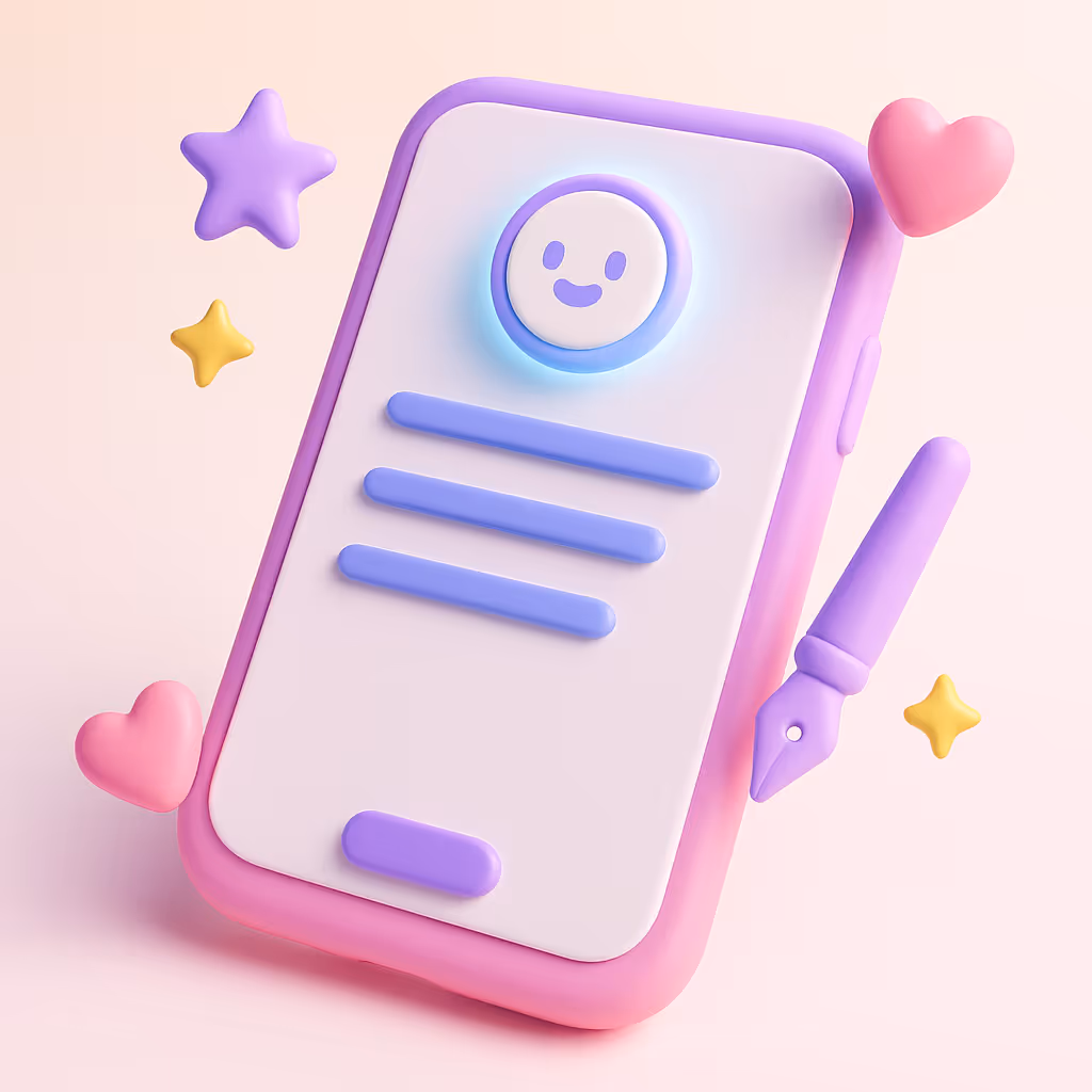 3D-illustration i pastelfarver af en smartphone med et smilende AI-ikon, en pen og svævende hjerter og stjerner, der symboliserer AI-assisteret skrivning af festbeskrivelser.
