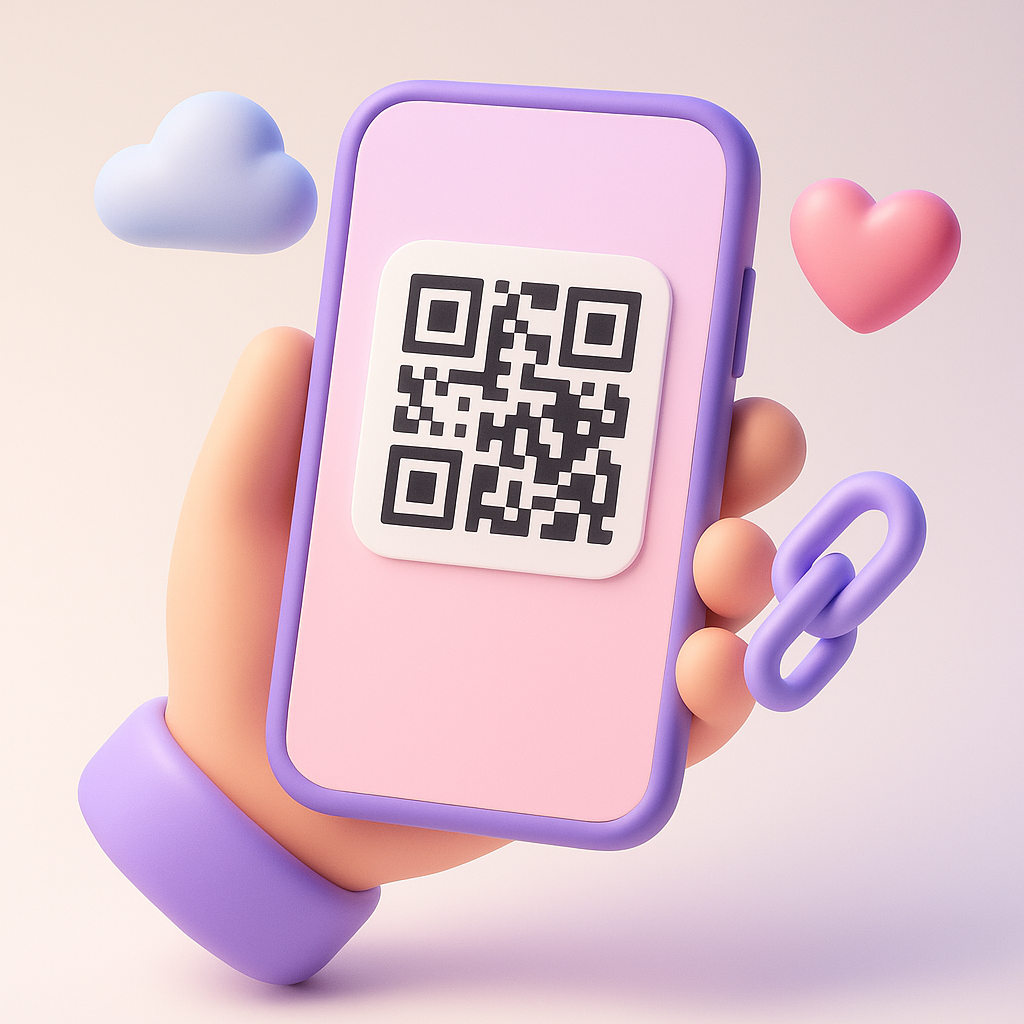3D-illustration i pastelfarver af en hånd, der holder en smartphone med en QR-kode på skærmen. Rundt om svæver et hjerte, en sky og et link-ikon, som symboliserer nem adgang for alle gæster.