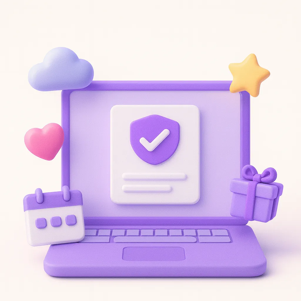 3D-illustration i pastelfarver af en laptop omgivet af ikoner som sky, kalender, hjerte og gaveæske, der symboliserer at al information om festen er samlet ét sted.