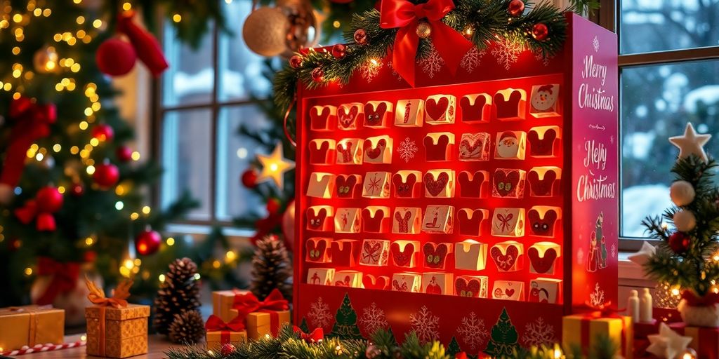 Farverig julekalender med gaver og lys.