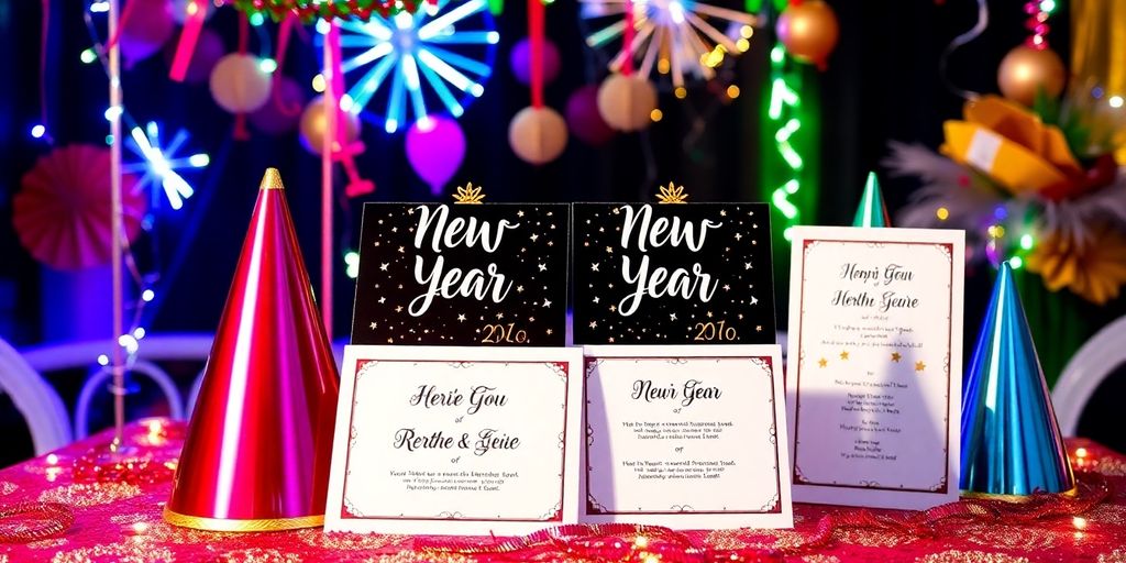 Personlige invitationer til nytårsfest på farverig baggrund.
