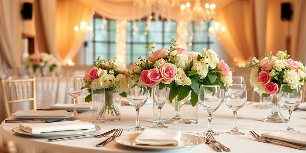 Bryllupsleverandører med blomster og elegant borddækning.