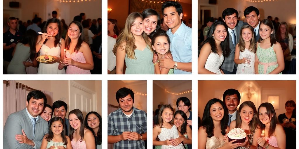 Personlige billeder fra konfirmationsfejring med glade mennesker.