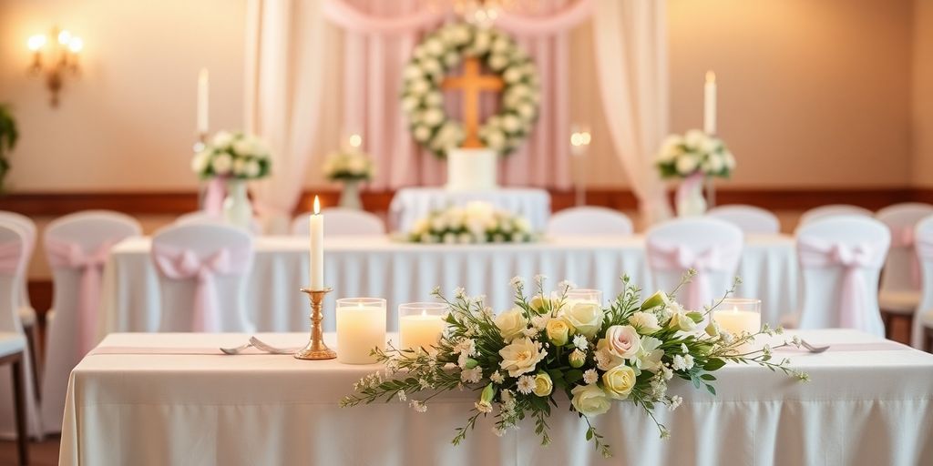 Billede af barnedåb med blomster og lys.