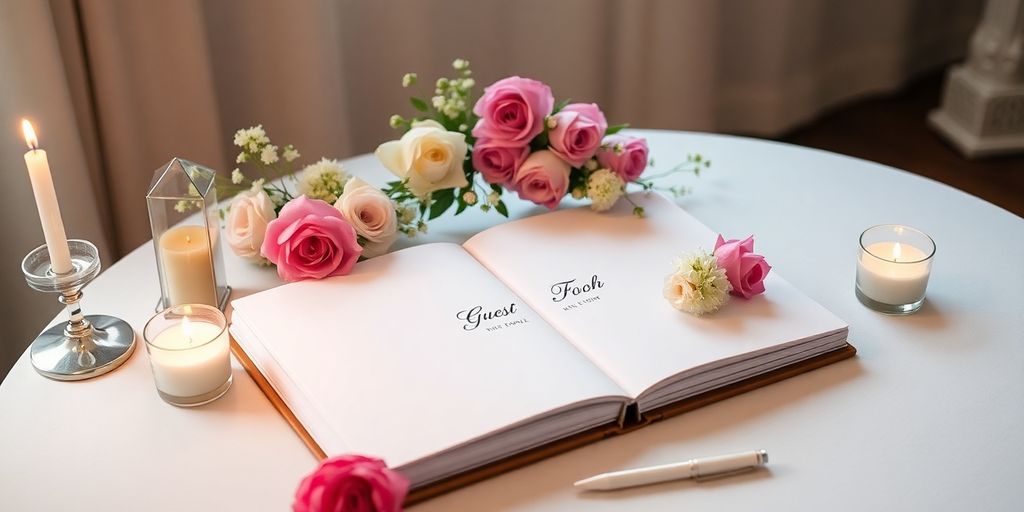 Elegant gæstebog med blomster og lys ved bryllup