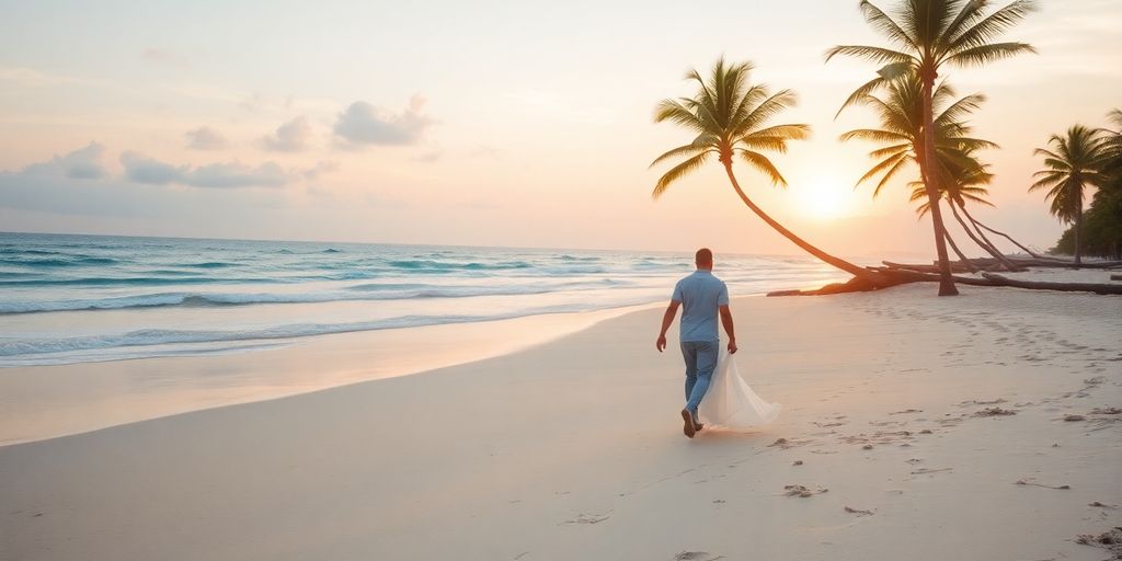 Romantisk strand med par og solnedgang.