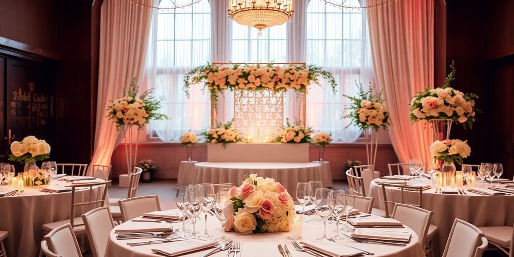 Bryllupsplanlægning med blomster og elegant dækning.