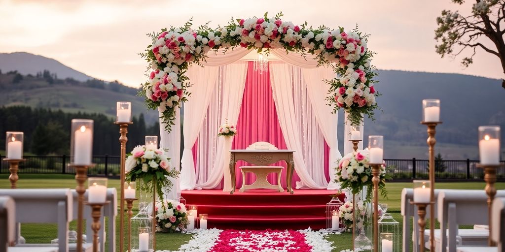 Smuk bryllupsopsætning med blomster og stearinlys.