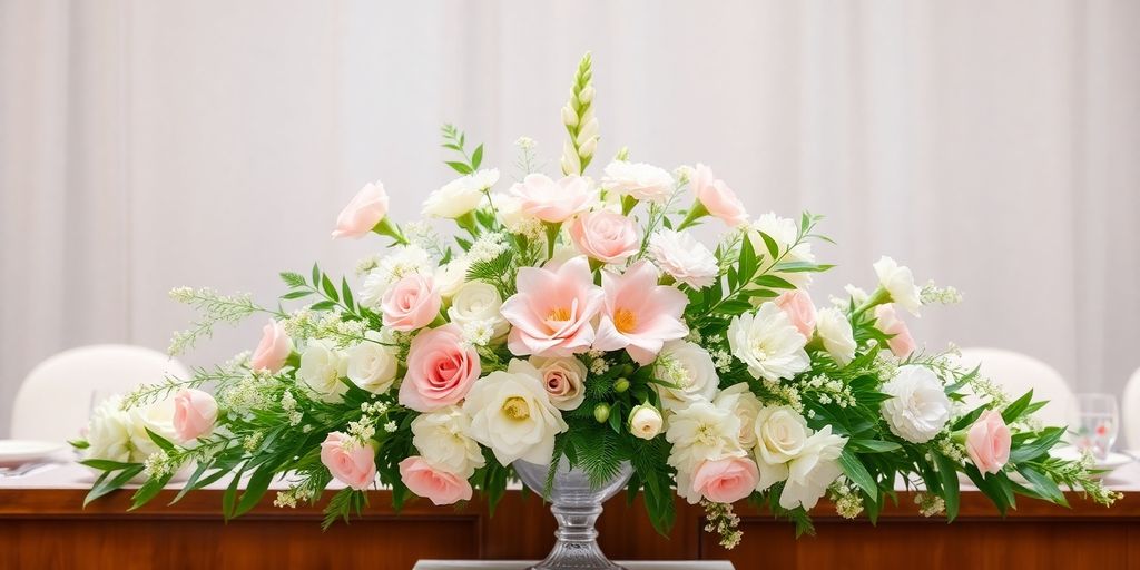 Blomsterdekorationer til barnedåb i pastelfarver.