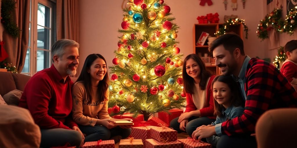 Familie omkring et smukt juletræ med dekorationer.
