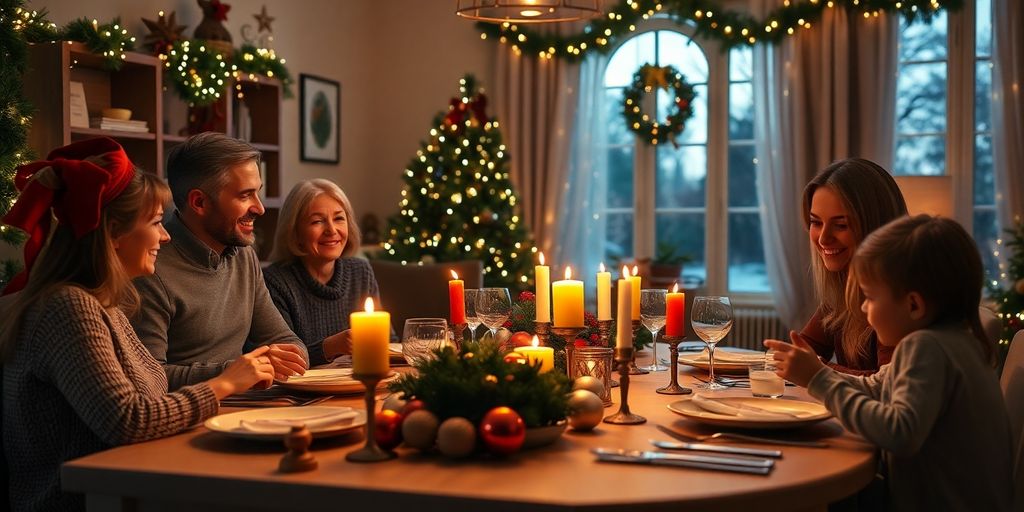 Familiefest med julepynt og hyggelig stemning.