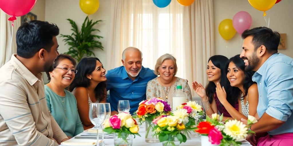 Familiefejring med dekorationer til konfirmation.