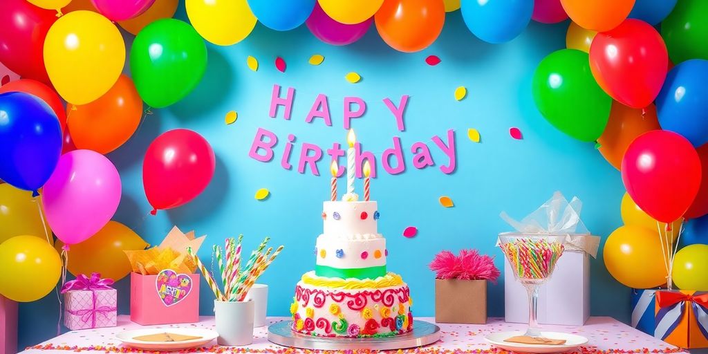 Festlig fødselsdagsopsætning med balloner og kage.