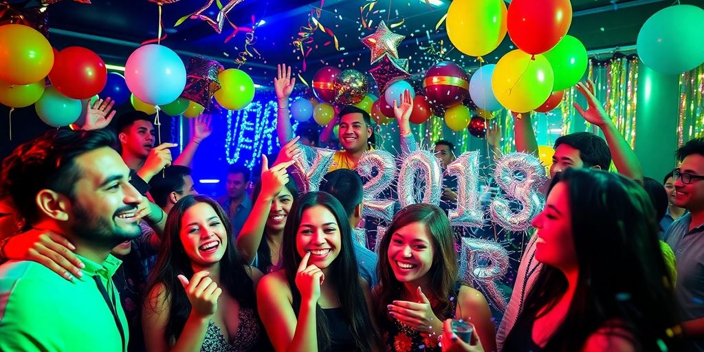 Festligt nytårsfejring med glade mennesker og dekorationer