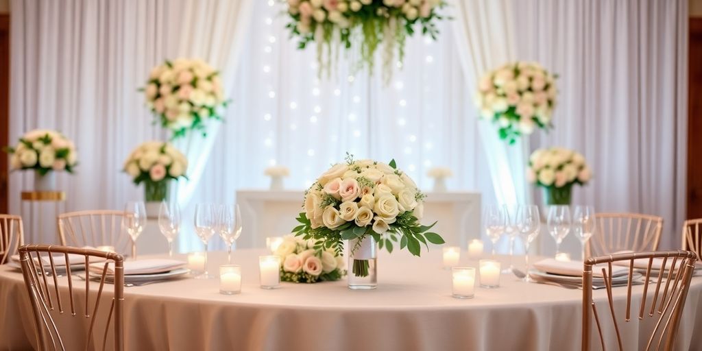 Smuk bryllupsdag med blomster og romantisk atmosfære.