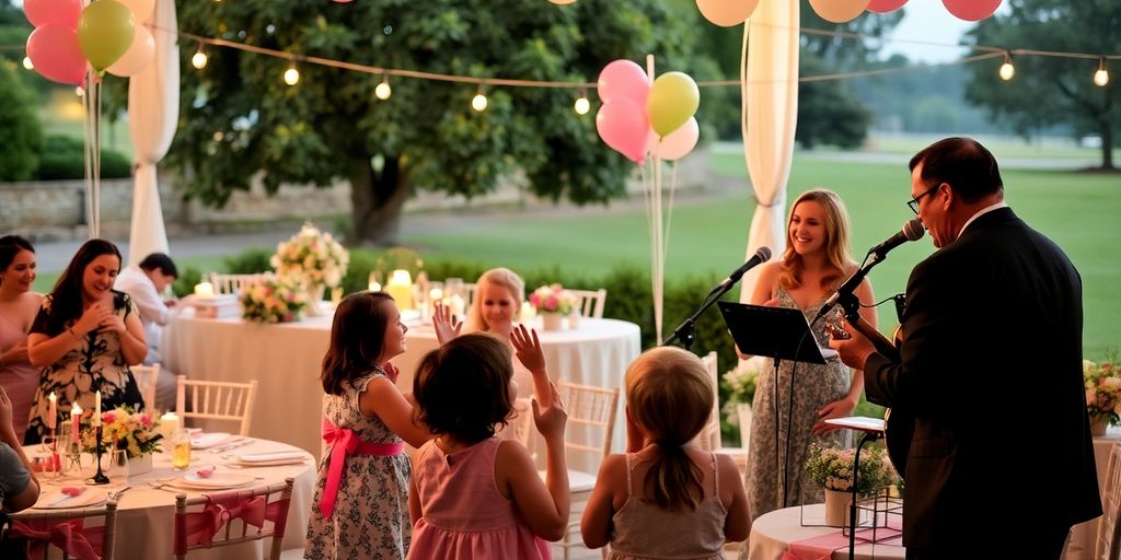 Glade gæster nyder musik til barnedåben.