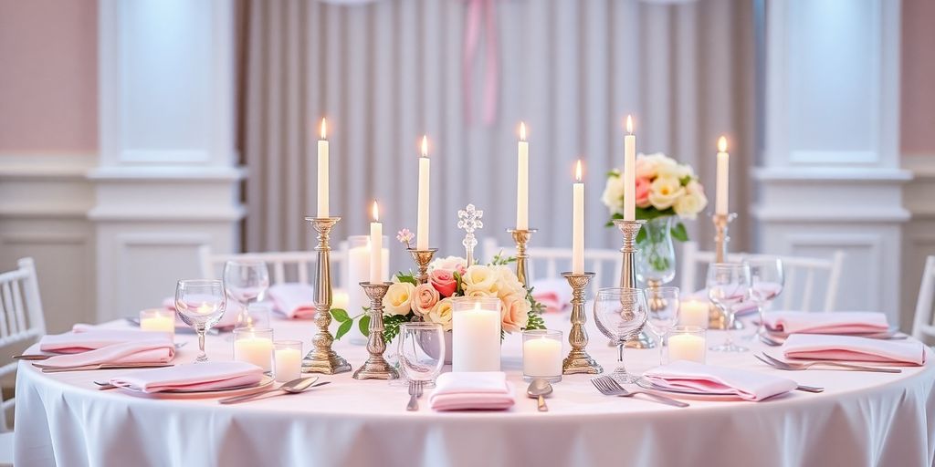 Borddækning til barnedåb med pastelfarver og blomster.