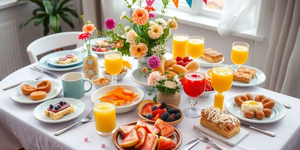 En brunch med farverige retter og festlige dekorationer.