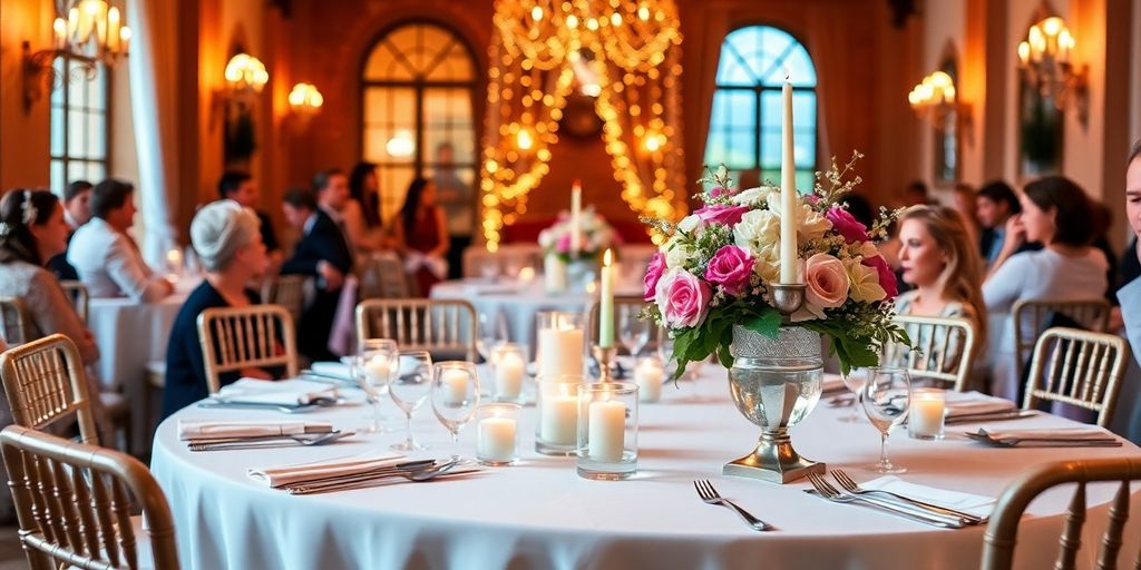 Bryllupsgæster ved et veldækket bord.