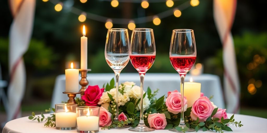 Romantisk fejring af bryllupsdag med dekoreret bord.