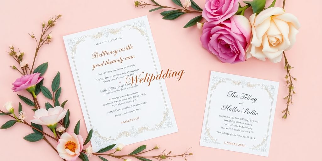 Bryllupsinvitation med blomster og elegant typografi.