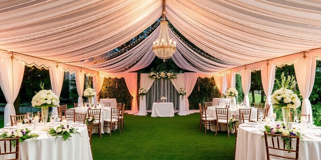 Bryllupstelt med blomster og lys i naturen.