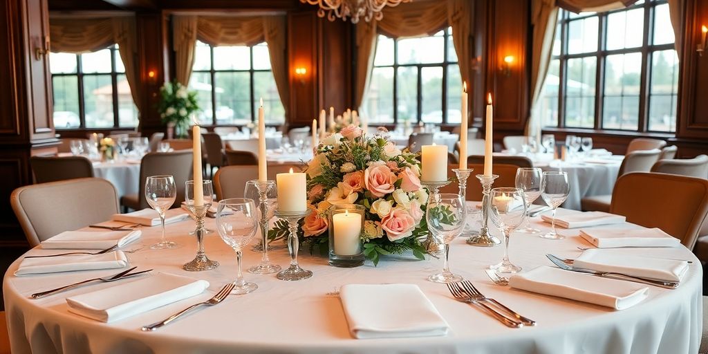 Bryllupsbord med blomster og stearinlys på restaurant.