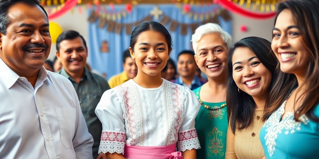 Glade mennesker til konfirmation med festlige dekorationer.