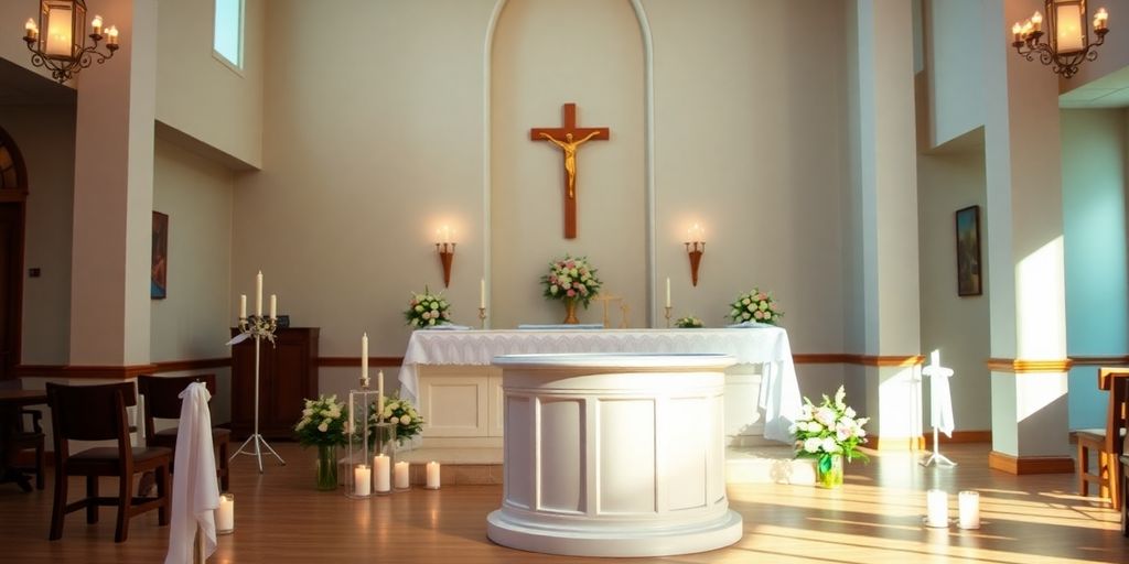 Kirkerum pyntet til dåbsgudstjeneste med blomster og lys.