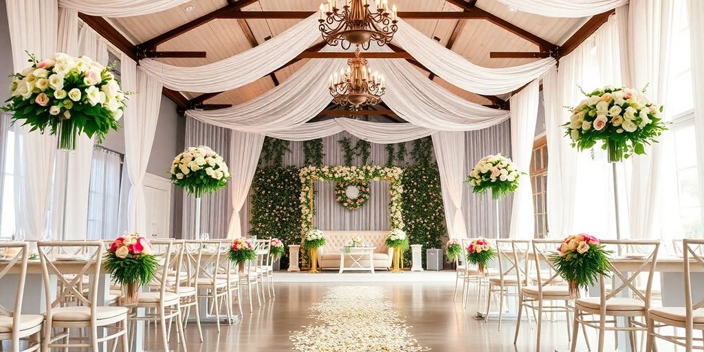 Bryllupsscene med smukke blomster og romantisk belysning.