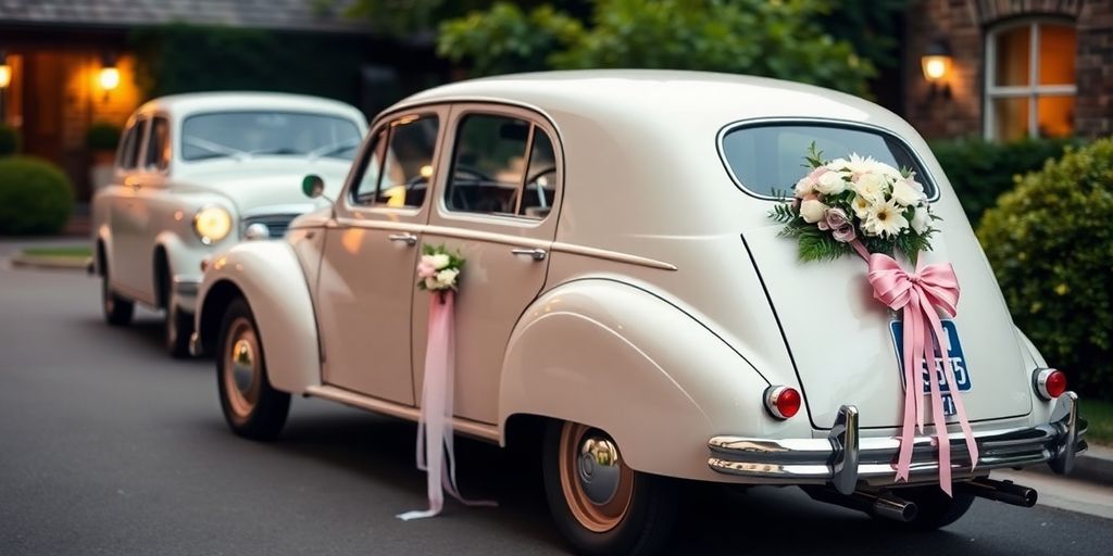 Vintage bil pyntet til bryllup med blomster.
