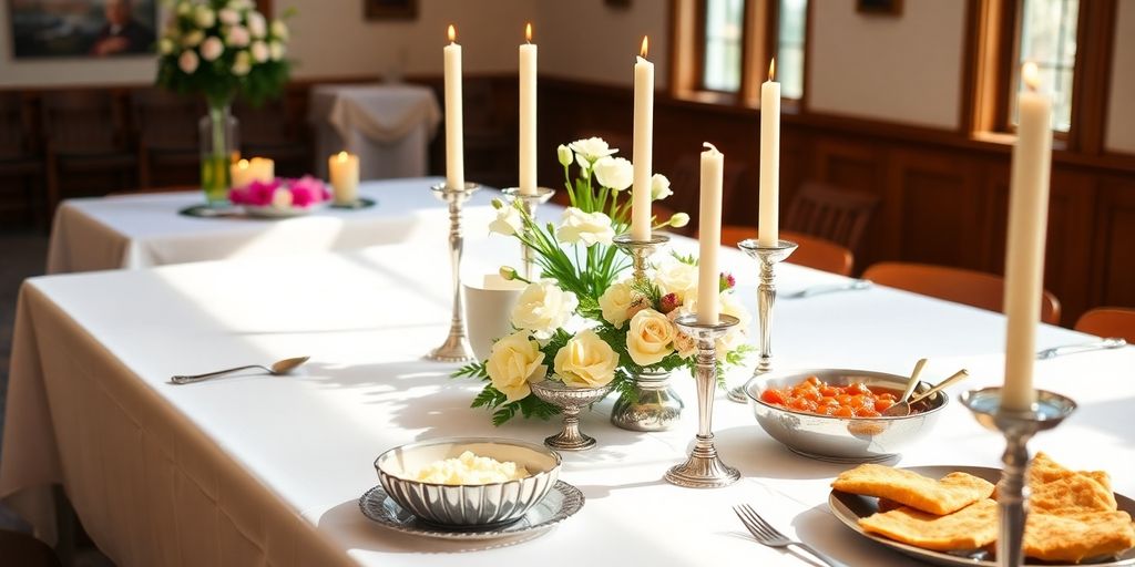 Bordopdækning til konfirmation med lys og blomster.