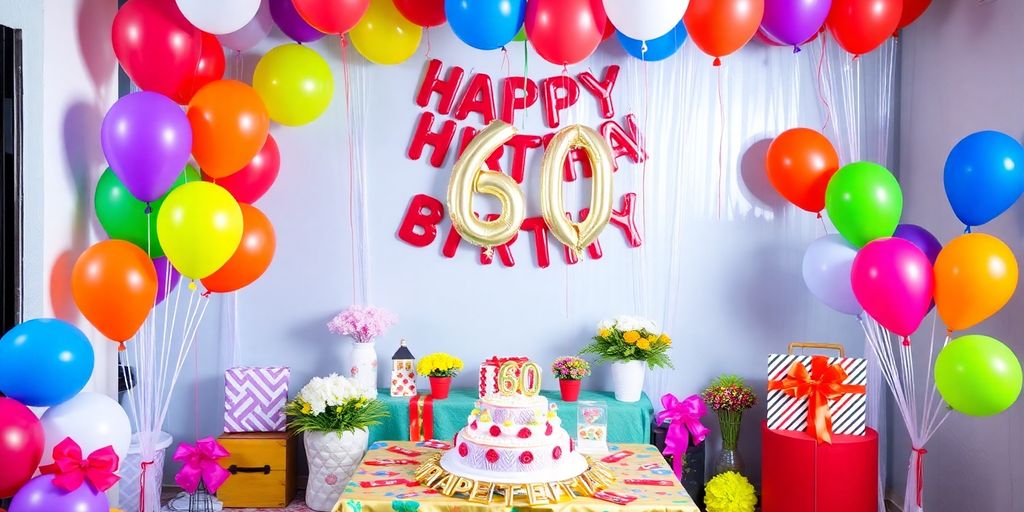 Festligt 60 års fødselsdagsarrangement med balloner og dekorationer
