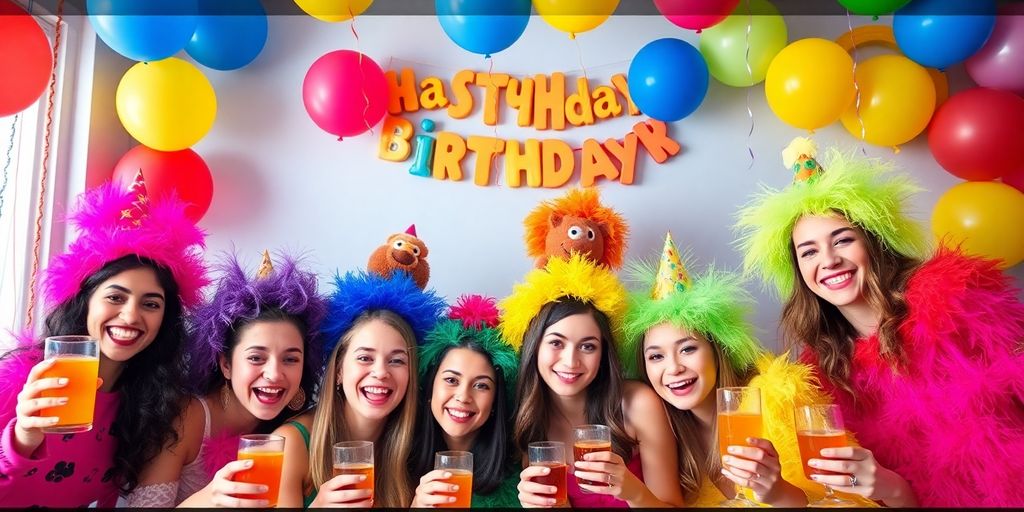 Gruppe af venner i kostumer til fødselsdagsfest.