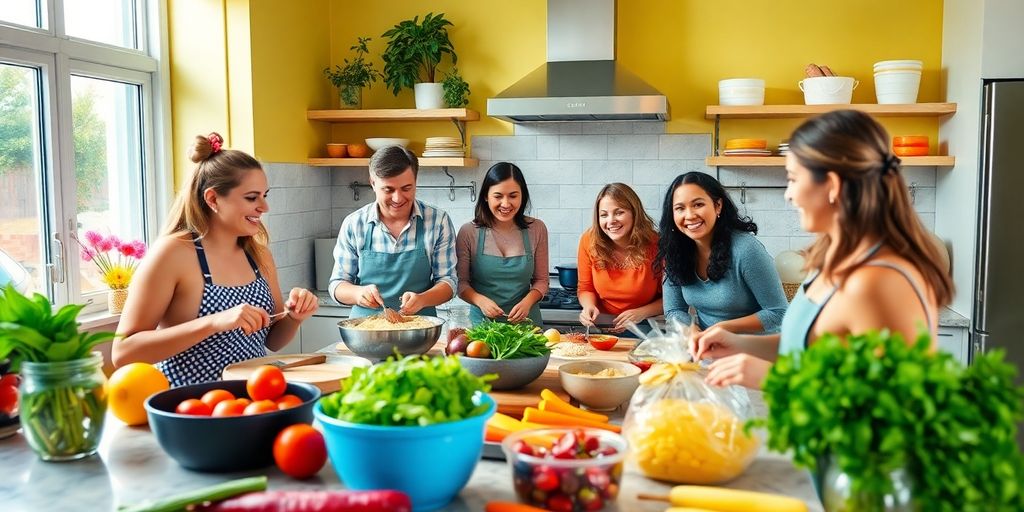 Venner laver mad sammen online i køkkenet.