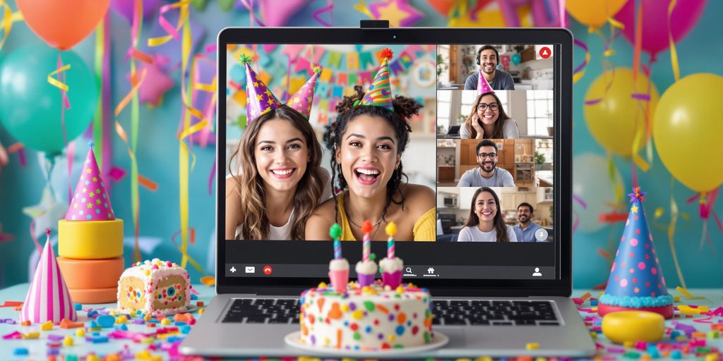 Fødselsdag gennem videoopkald med kage og farver