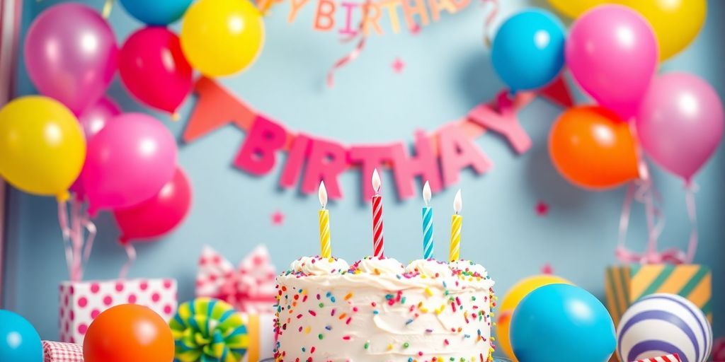 Farverig fødselsdagsfest med balloner og kage.