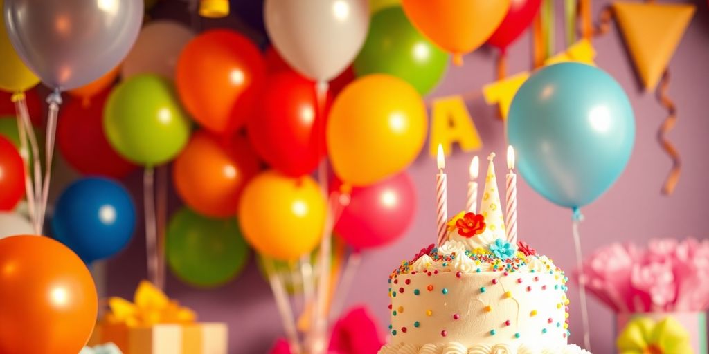 Farverige balloner og fødselsdagskage i festlig dekoration.