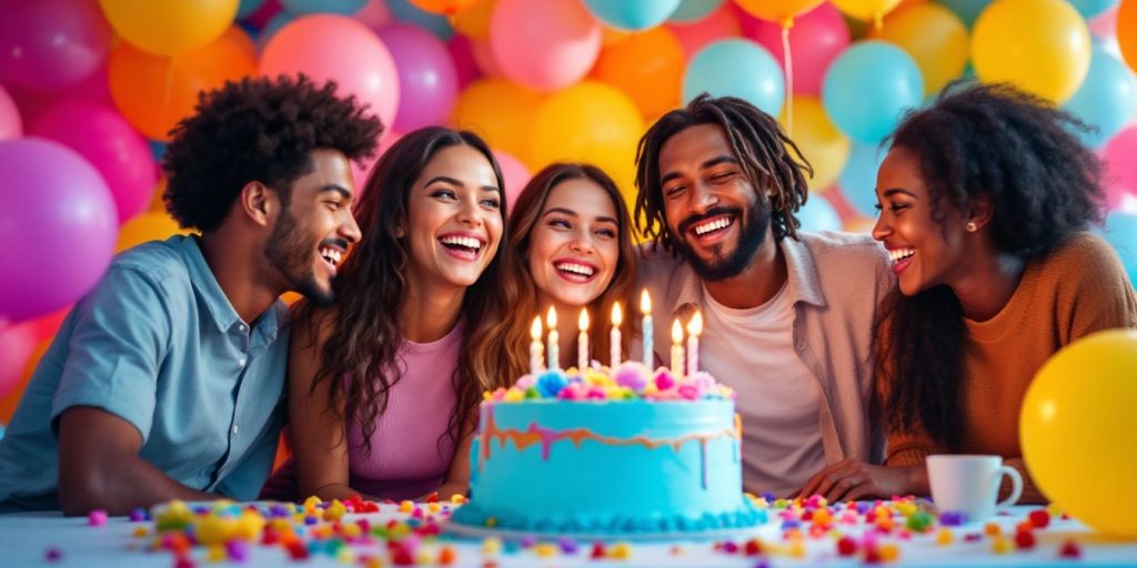 Venner til fest med balloner og kage