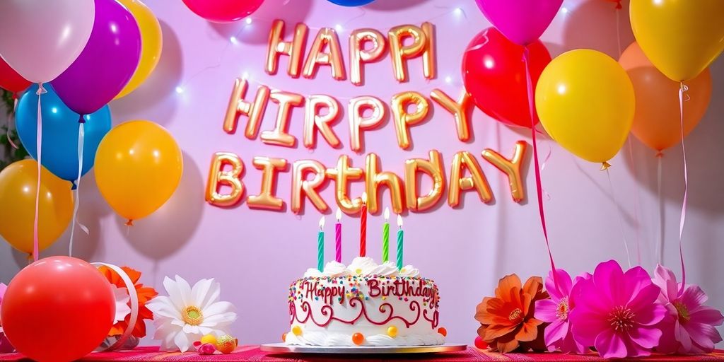 Fødselsdagsfest med farverige balloner og kage.