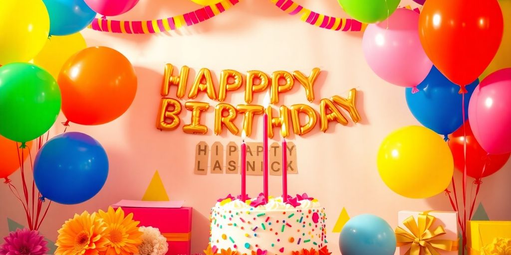Farverige balloner og en smuk fødselsdagskage.